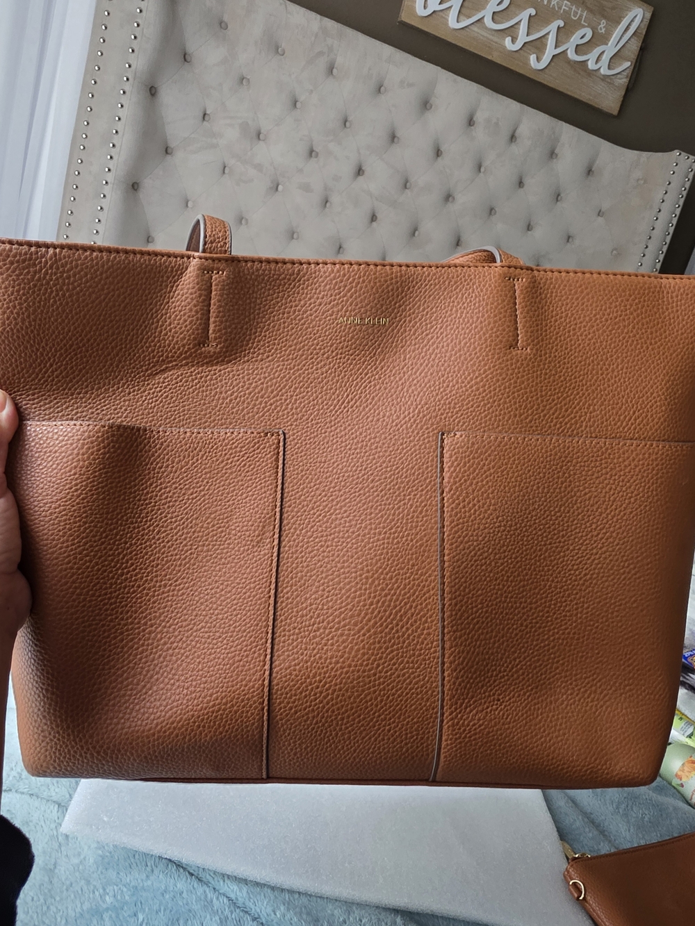 Anne Klein Caramel Pebble Leather Tote Bag with Matching Zip Pouch Set - Picture 5 of 16